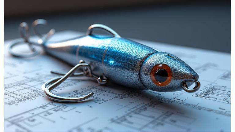 微細な重量調整が施されたルアーの3Dレンダリングと精密設計図