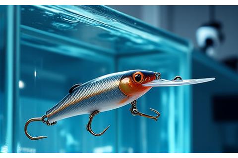 透明な水槽の中でルアーが水中を泳ぐテストの様子