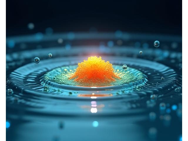 水中での香料拡散シミュレーションの3Dレンダリング画像。青い水流の中に、赤やオレンジで示された香料が複雑なパターンで広がる様子がCGで描かれている。