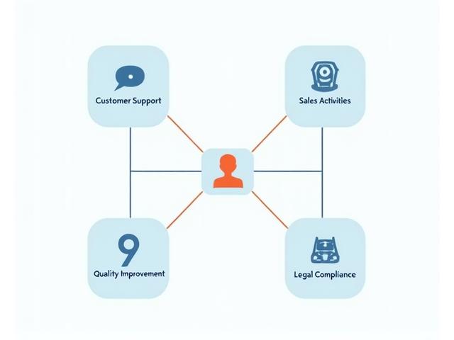 個人情報の利用目的を視覚的に示すフローチャート。顧客対応、営業活動、品質向上、法令対応の各フェーズが明確に表現されている。
